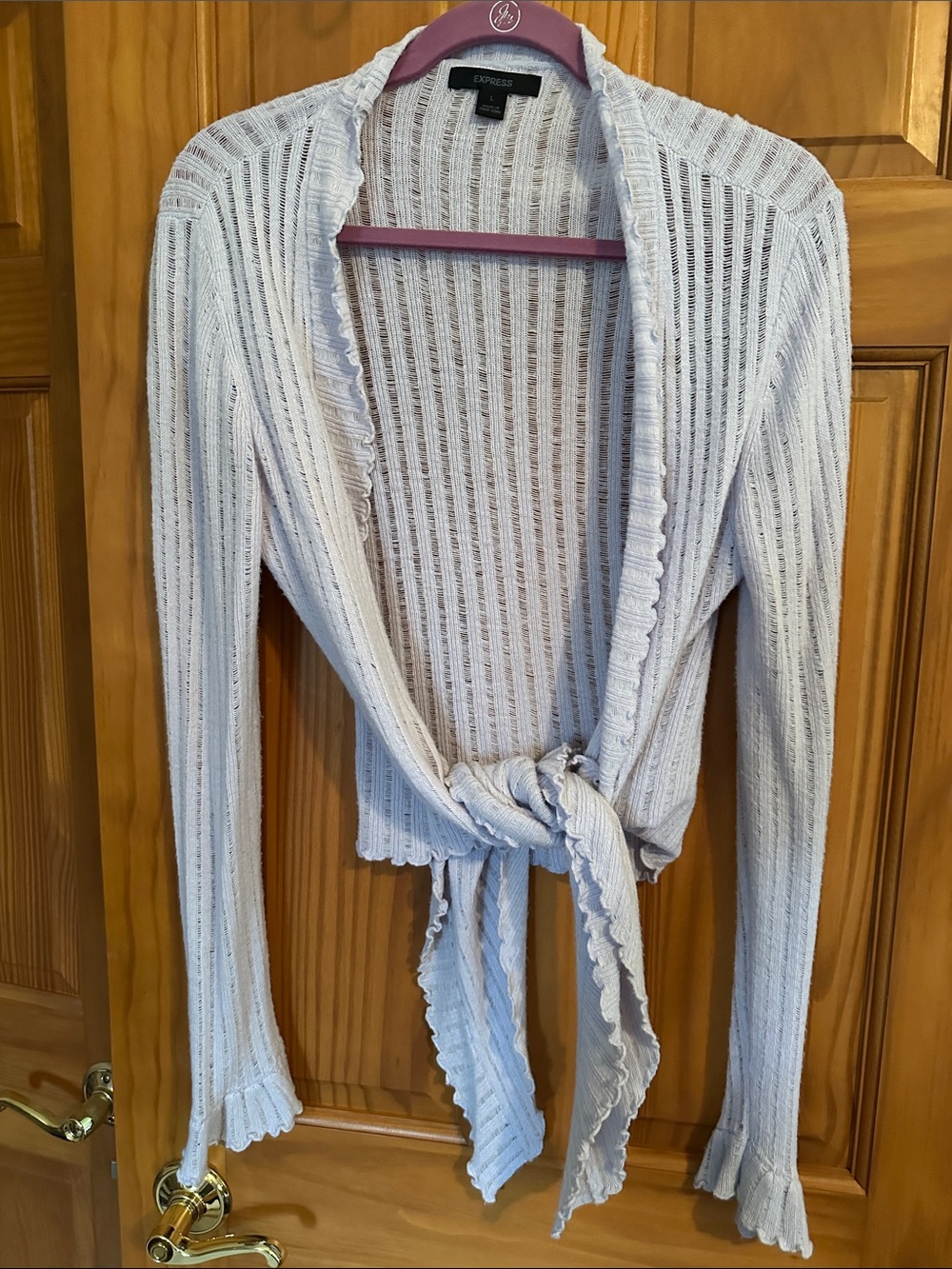Express Light lilac Open-Front Ribbed Cardigan with Ruffle Trim - Picture 6 of 9